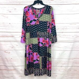 Johnny Was Boho 3/4 Sleeve Stretch Jersey Tiered Floral Patchwork Zanda Dress